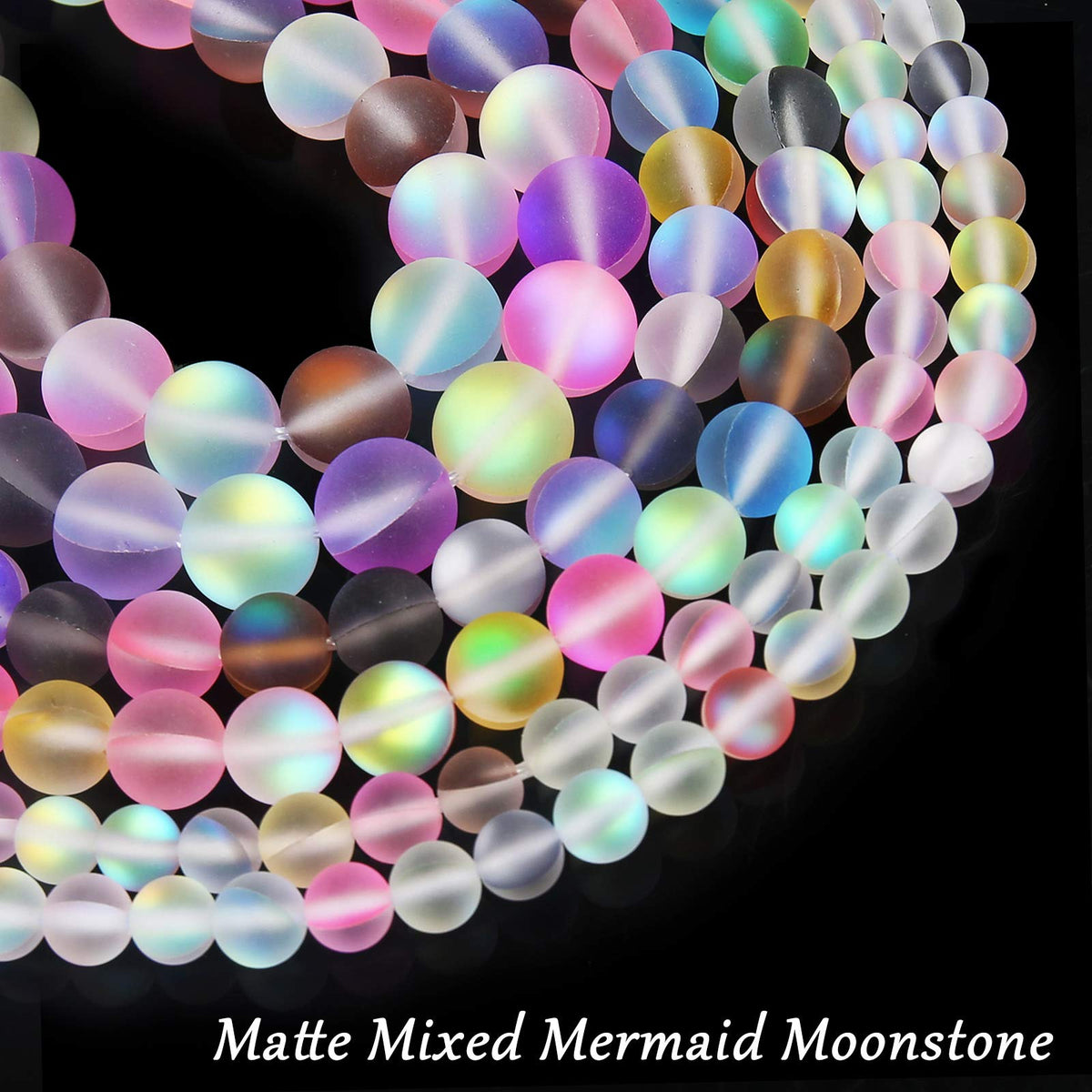 Matte Mixed Color Aurora Crystal Glass Beads, 6MM Frosted Glitter Shining Mermaid Round Loose Beads, Rainbow Holographic Synthetic Moonstone for Jewelry Making DIY Bracelet