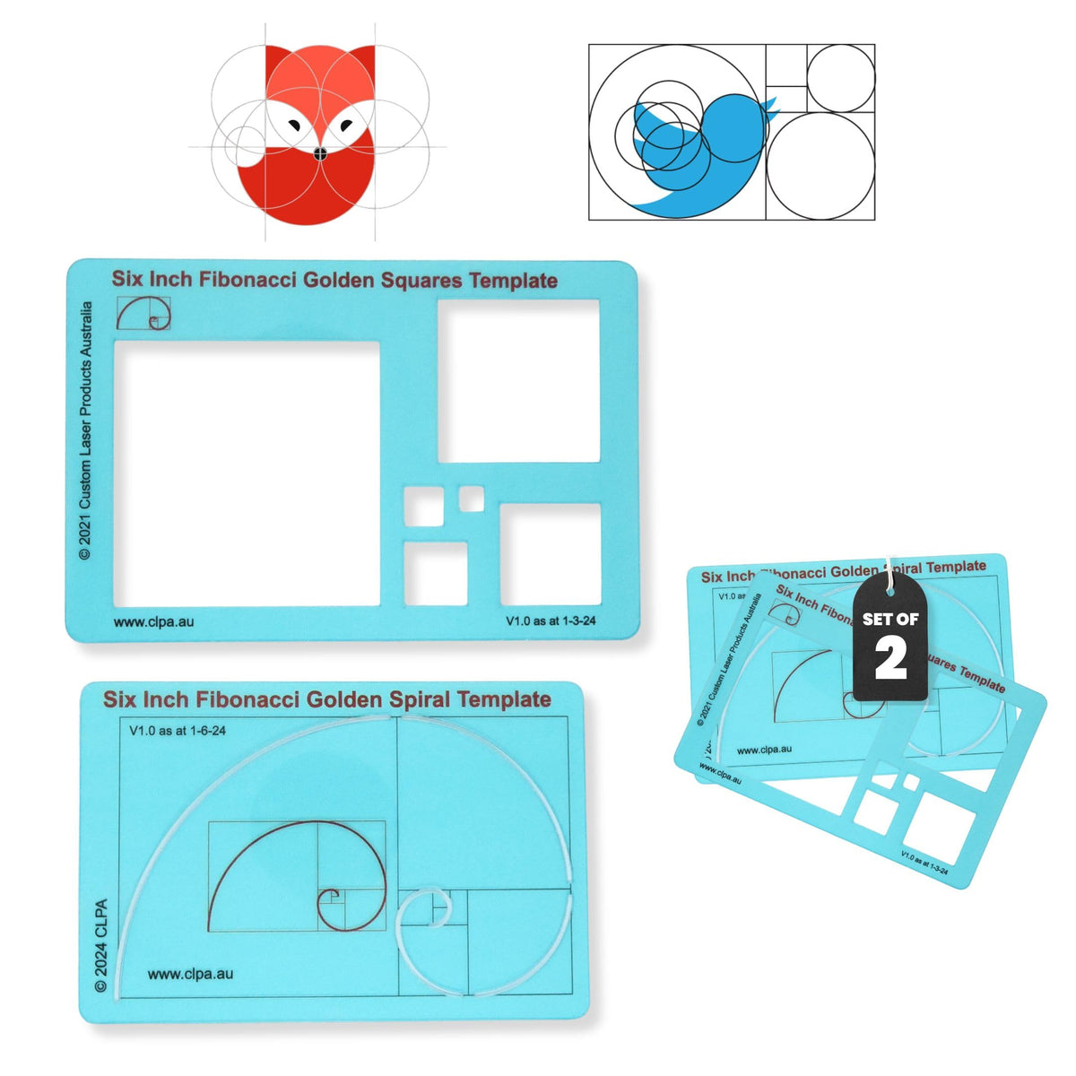 Fibonacci 2-Piece Template Set — 6" Square and Spiral — Golden Ratio Drawing Tools — Fibonacci Art and Drafting Stencils — Clear PETG — Made in Australia