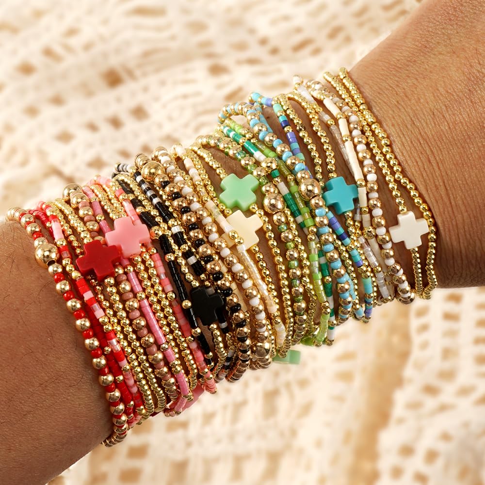 Bohxantium Gold Beaded Cross Bracelets for Women Dainty 14K Gold Plated Beads Ball Yellow Stretch Stackable Non Tarnish Bracelet Stack Boho Christian Jewelry Accessories Birthday Prom Friendship Gift