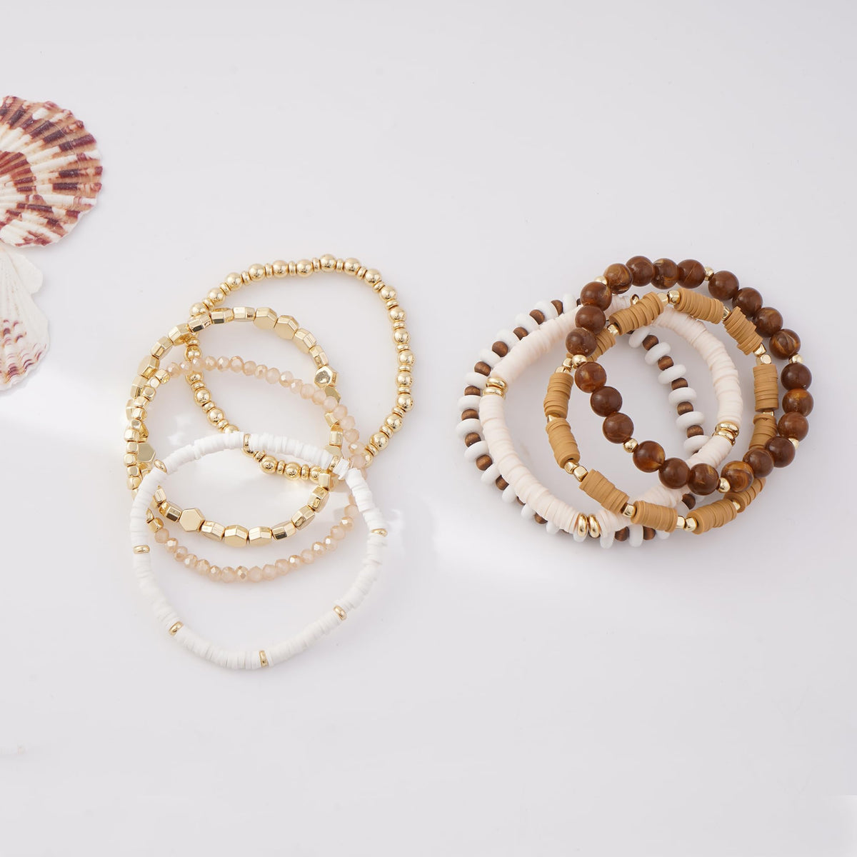 GOOJIDS Surfer Heishi Clay Bead Bracelets for Women Bohemian Stackable Gold Plated Beaded Stretch Bracelets Elastic Layering Friendship Brown Bracelets Set Boho Jewelry