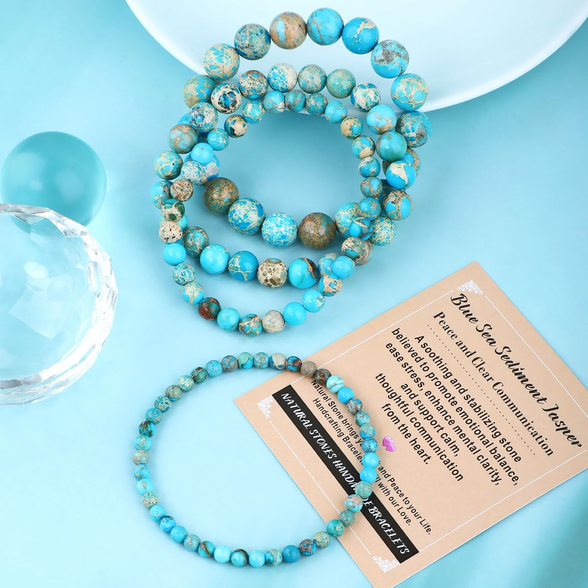 AD Beads 6mm Handmade Blue Sea Sediment Imperial Jasper Elastic Bracelet – Natural Gemstone for Joy & Positivity – Meditation, Yoga, Healing and Energy Gift for Men Women