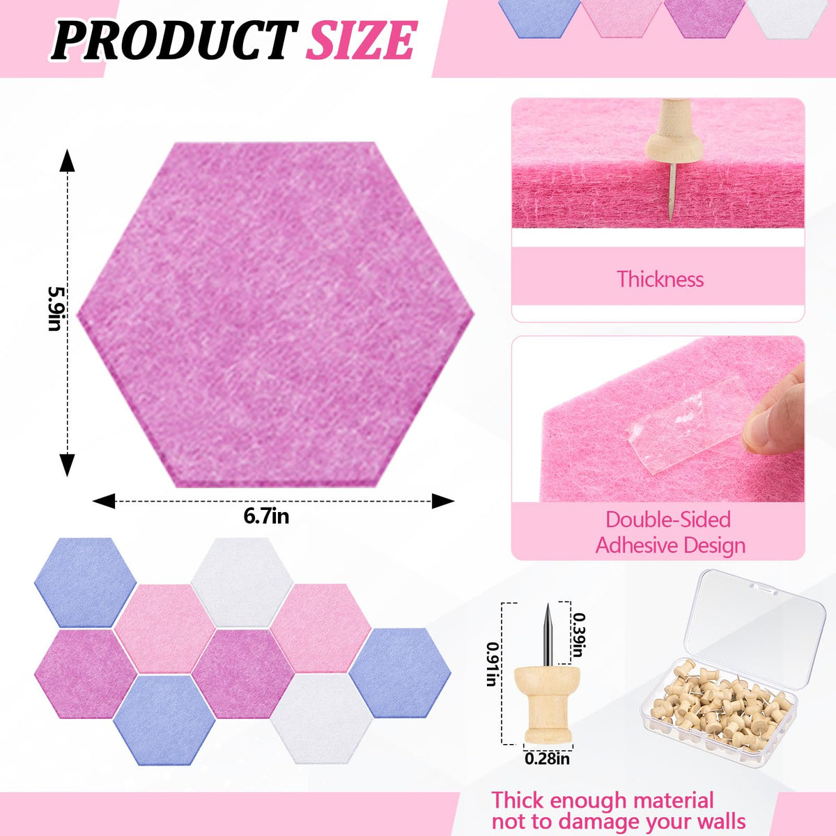 Mindsoft 16 Pcs Hexagon Cork Board for Walls with 50 Wooden Push Pins 6.7 x 5.9 in Felt DIY Tiles Notice with Nano Tape Hanging Bulletin Board for Home Photo Office Memo Note (Pink)