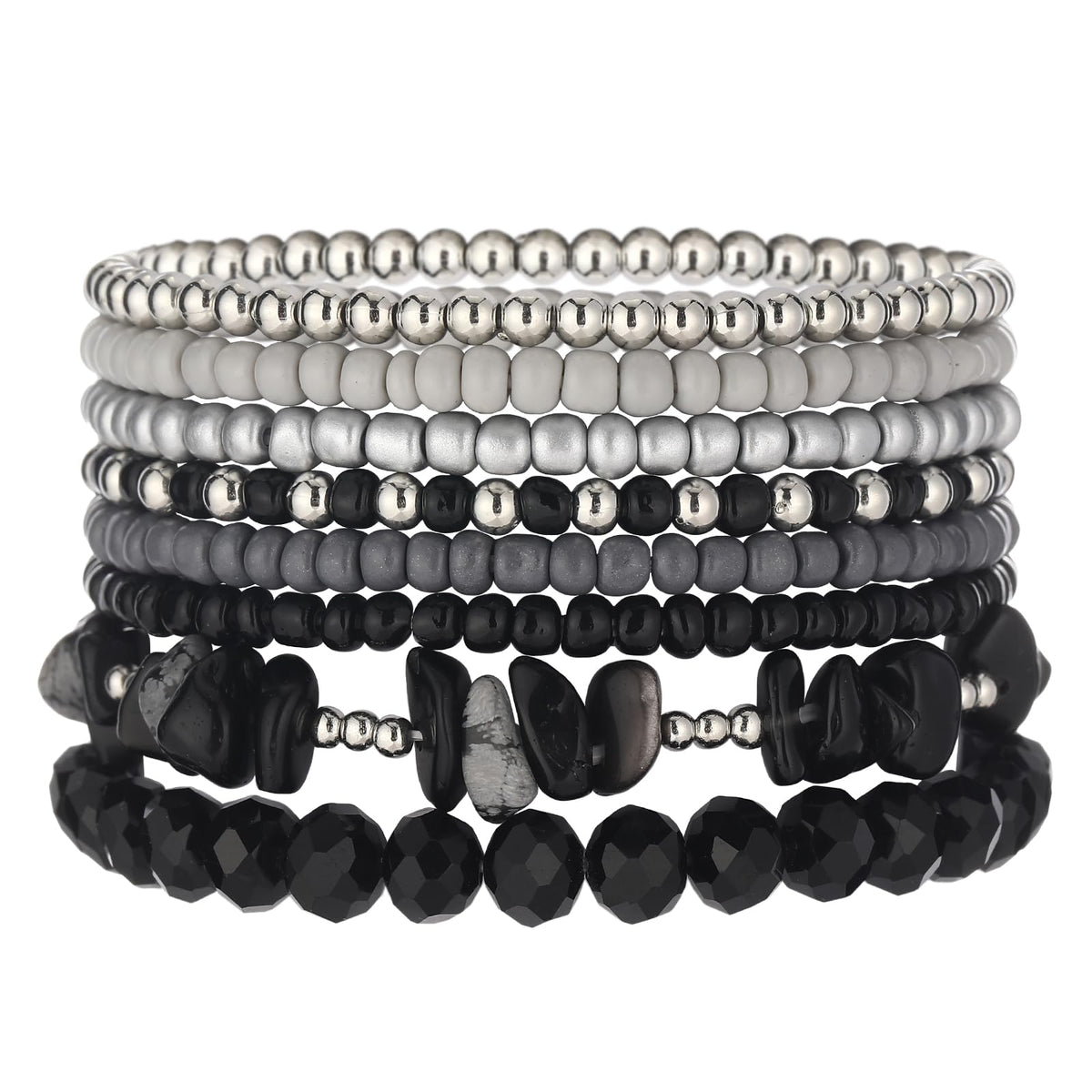 Noessla Boho Beaded Bracelets for Women Stackable Irregular Natural Stone Bead Stretch Bracelet Set 8PCS Costume Jewelry Gifts for Her(Black Grey)