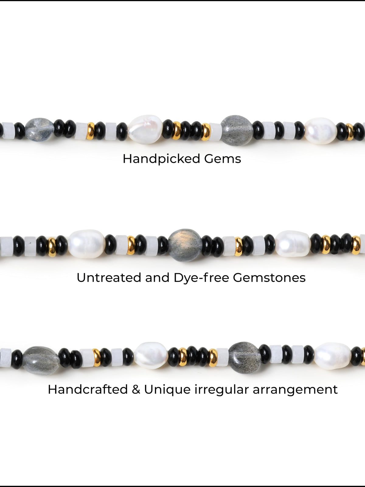 Natural Gemstone & Freshwater Pearl Bracelet for Women, 18K Gold PVD-Coated, Labradorite, Black & White Chalcedony(Large)