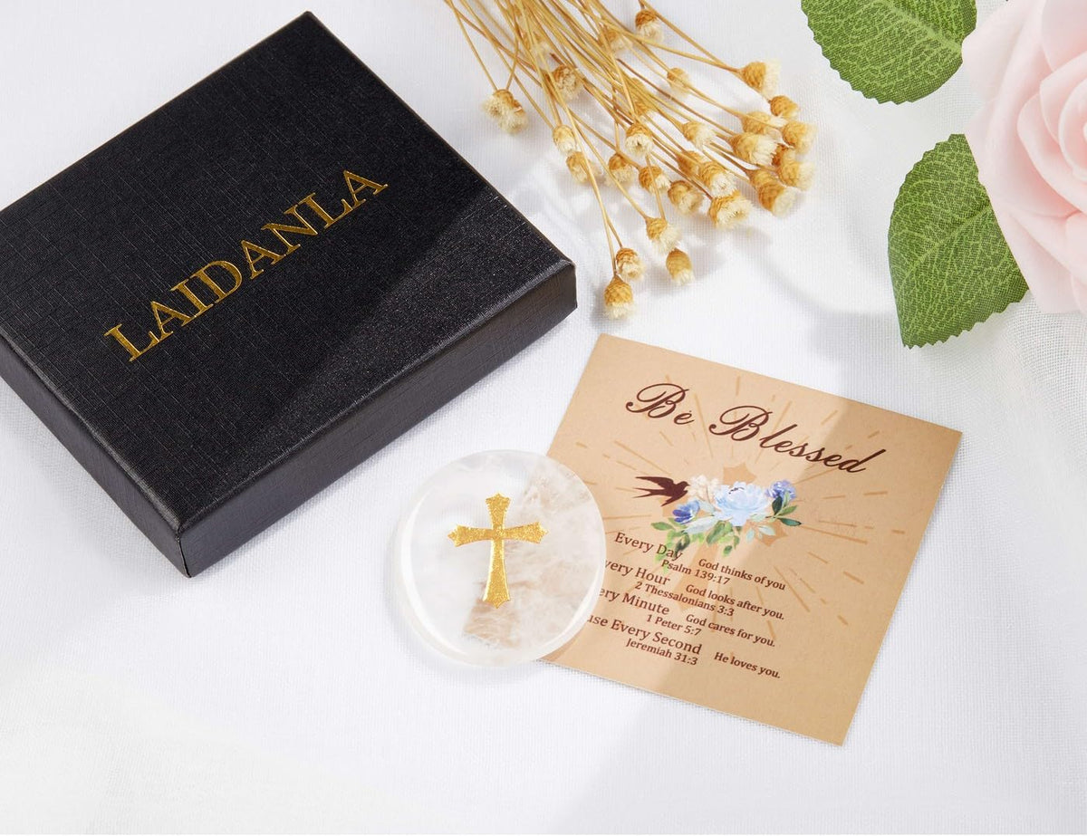 LAIDANLA Clear Quartz Cross Engraved Healing Crystal Worry Stones for Pray Faith Anxiety Relief Oval Palm Stone Polished Natural Crystal Gifts