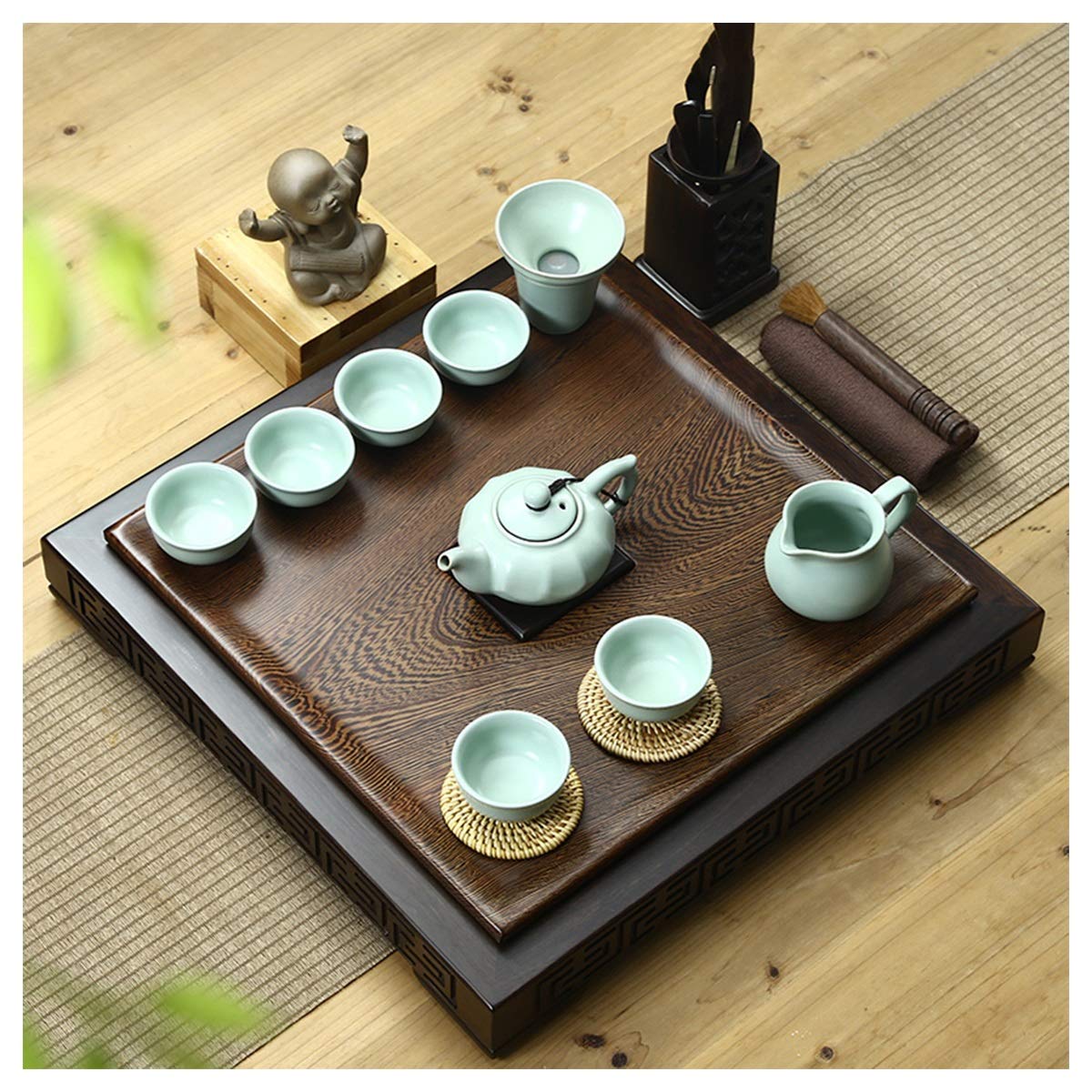SGeneE Tea Tray, Ceramic Kung Fu Tea Set with Tea Tray, Simple Tea Tray Premium Organic Multi-Functional Mini Chinese Kongfu Tea Serving (D)