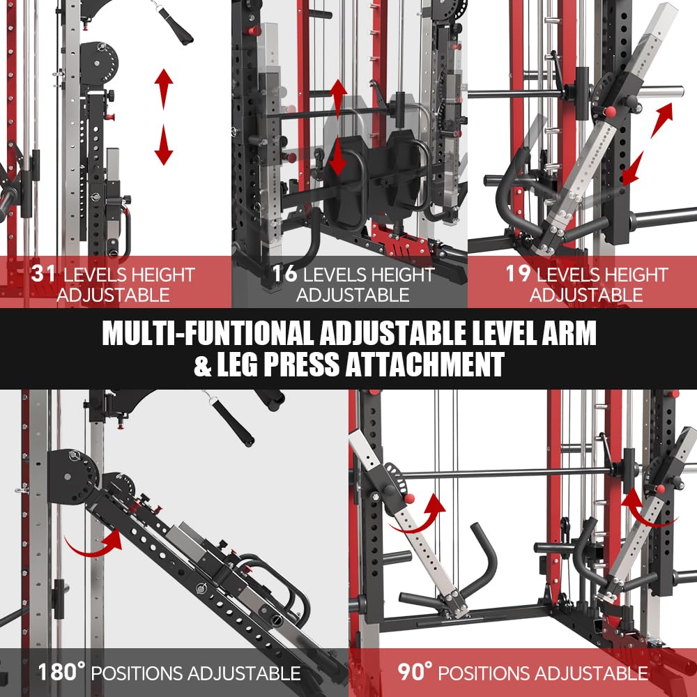 FAGUS H Red Commercial Smith Machine with Smith Bar, 4000LBS Power Cage Squat Rack with Lever Arm, Leg Press, LAT Pull Down System, Multi-Function Linear Bearing Cable Crossover Machine for Home Gym