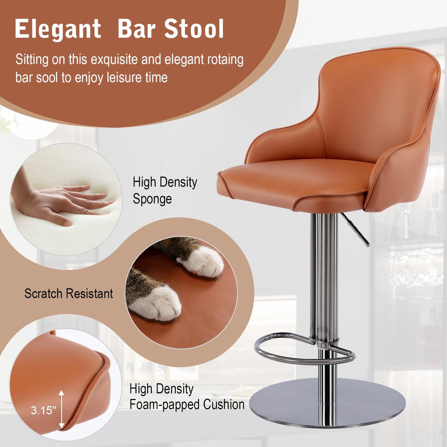 CozyRain Bar Stools Adjustable Stainless Steel Swivel Barstool with Back and Footrest,Modern Leather Upholstered Bar Chairs for Home,Kitchen,Bar, Counter Brown/Grey (Brown)