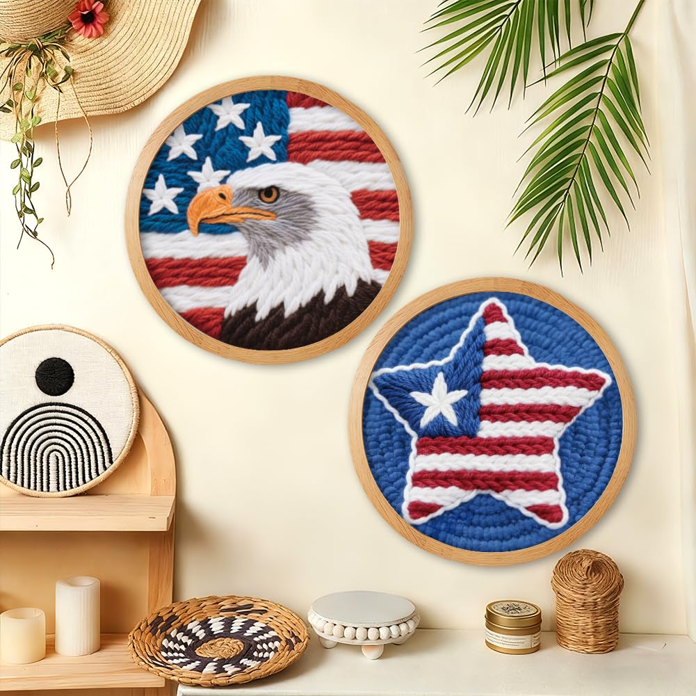 BEUNITONE 2Pcs Punch Needle Kit for Beginners, American Flag Starter Embroidery Kits with Frame & Instructions, Needle Felting Kit Poke Art for Adults DIY Craft for Coasters, Bags, Clothes Decor