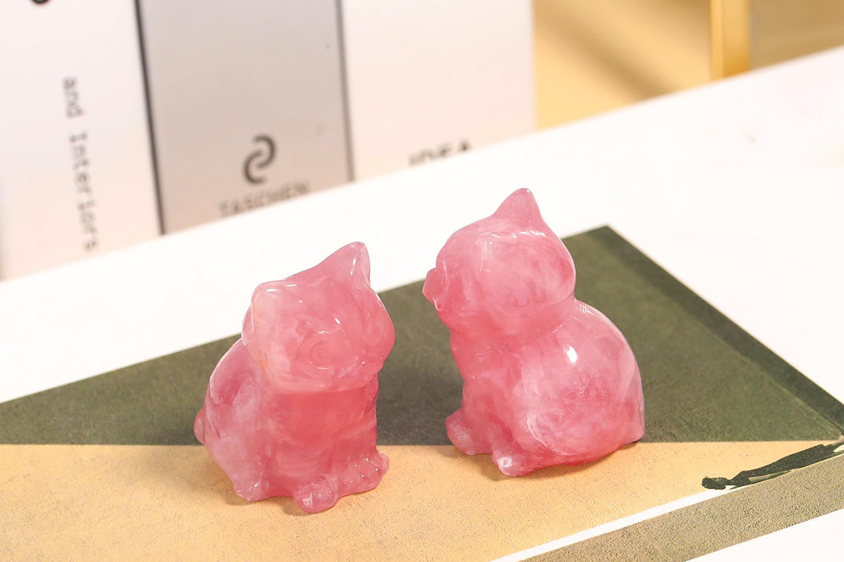QINJIEJIE Rose Quartz Cat Figurines Pink Gift Cat Decor Crystals Healing Stone Statue Natural Gemstone Sculpture Home Office Desk Decoration Cute Kitten Statue for Women