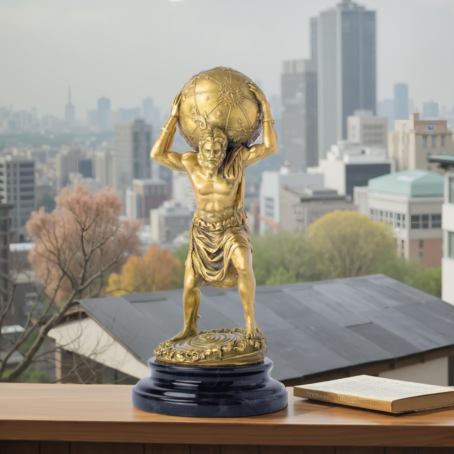 R REALONG Gloden Bronze Atlas Sculpture with Marble Base – 13.4" Tall Handcrafted Titan Atlas Carrying Globe Figurine, Lost-Wax Cast Bronze Art Decor for Home, Office & Collectors