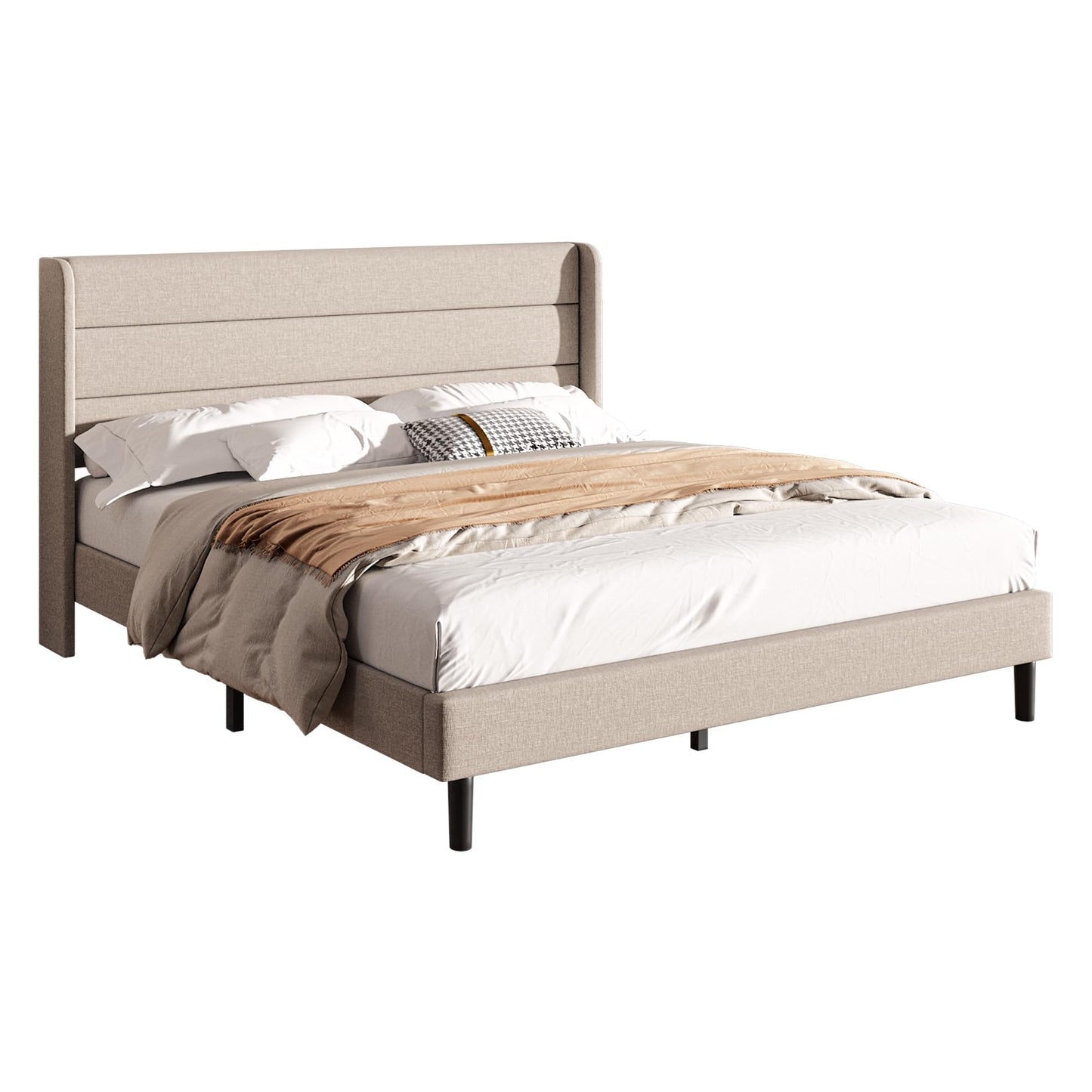 Mxhtcewz King Size Upholstered Platform Bed Frame, Modern Linen Fabric Bed with Wingback Headboard, Sturdy No Wobble, Noise-Free & Easy Assembly, No Box Spring Needed, Beige