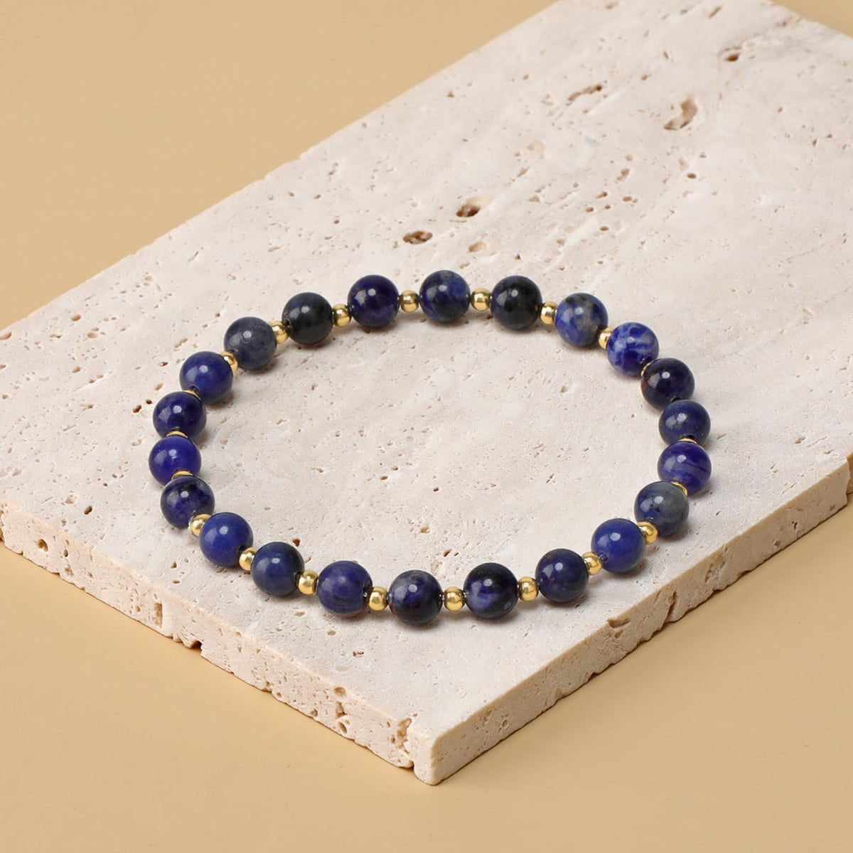 QOGIR Blue Sodalite - Self Confidence - 14K Gold Plated Beads Natural Gemstone Stretch Elastic Dainty Healing Beaded Bracelets Gifts 6mm