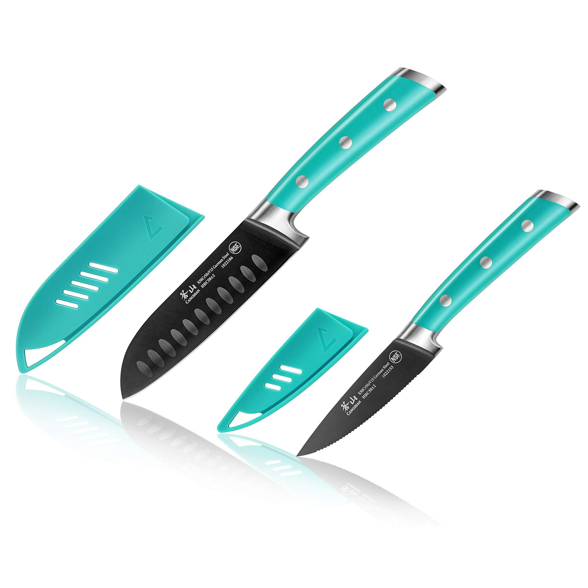 Cangshan S+ Series 1022117 German Steel Forged 2-Piece Titanium Coated Santoku Starter Knife Set with Sheaths, French Teal