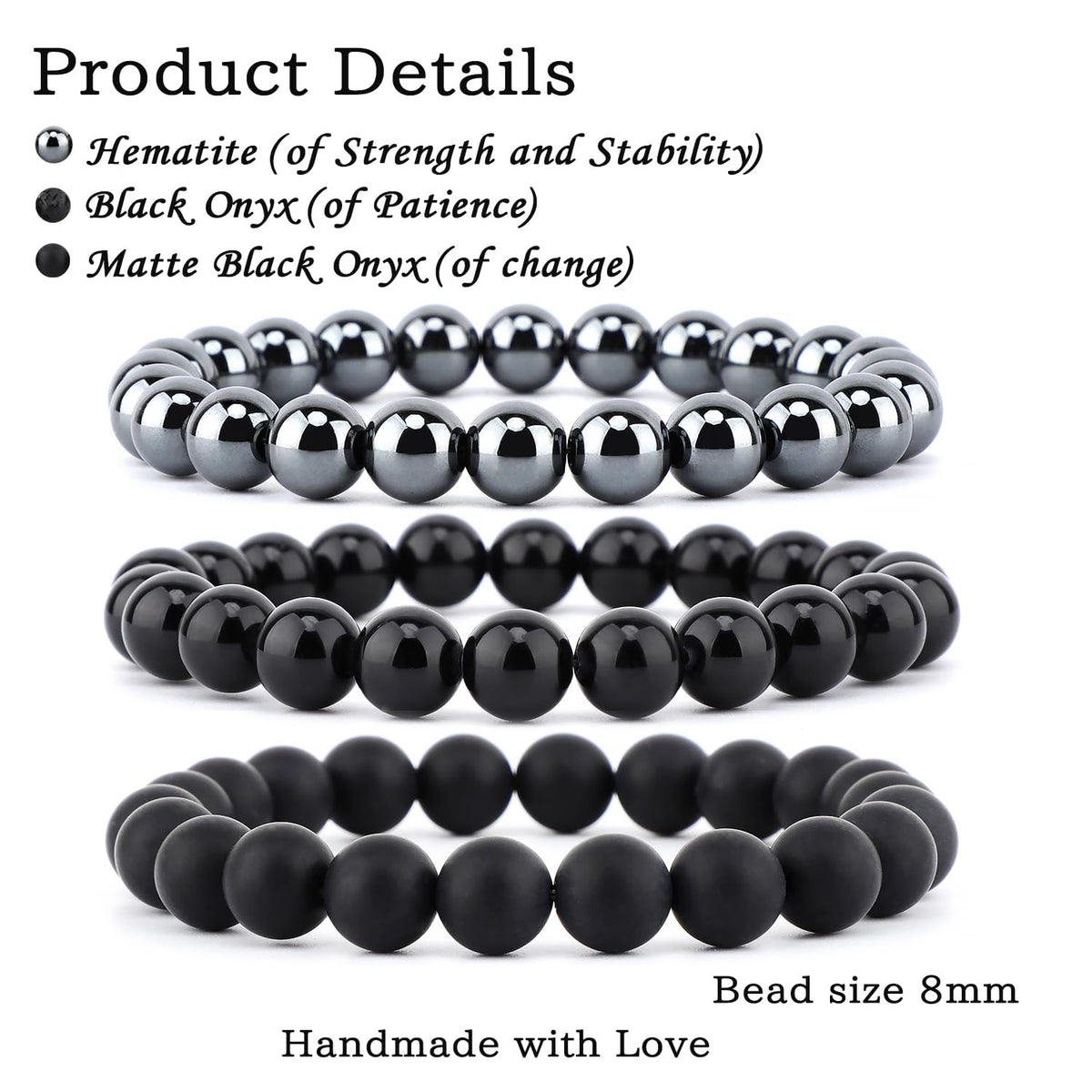 NCB 3-Piece 8mm Natural Crystal Gemstone Stretch Bracelets – ﻿Black Onyx, Hematite, Matte Black Agate Handmade Reiki Energy Healing Jewelry for Meditation,Yoga, Unisex