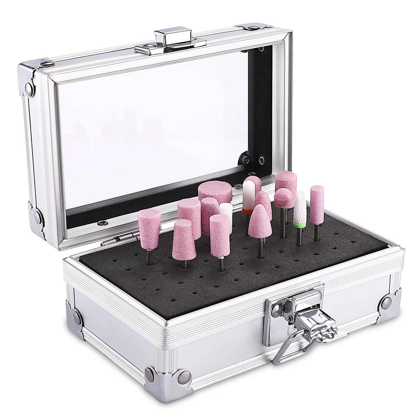 Noverlife 50 Holes Nail Drill Bit Holder Case, Professional Polishing Heads Holder Organizer, Silver Bit Storage Box, Large Display Container for Salon Grinding Head