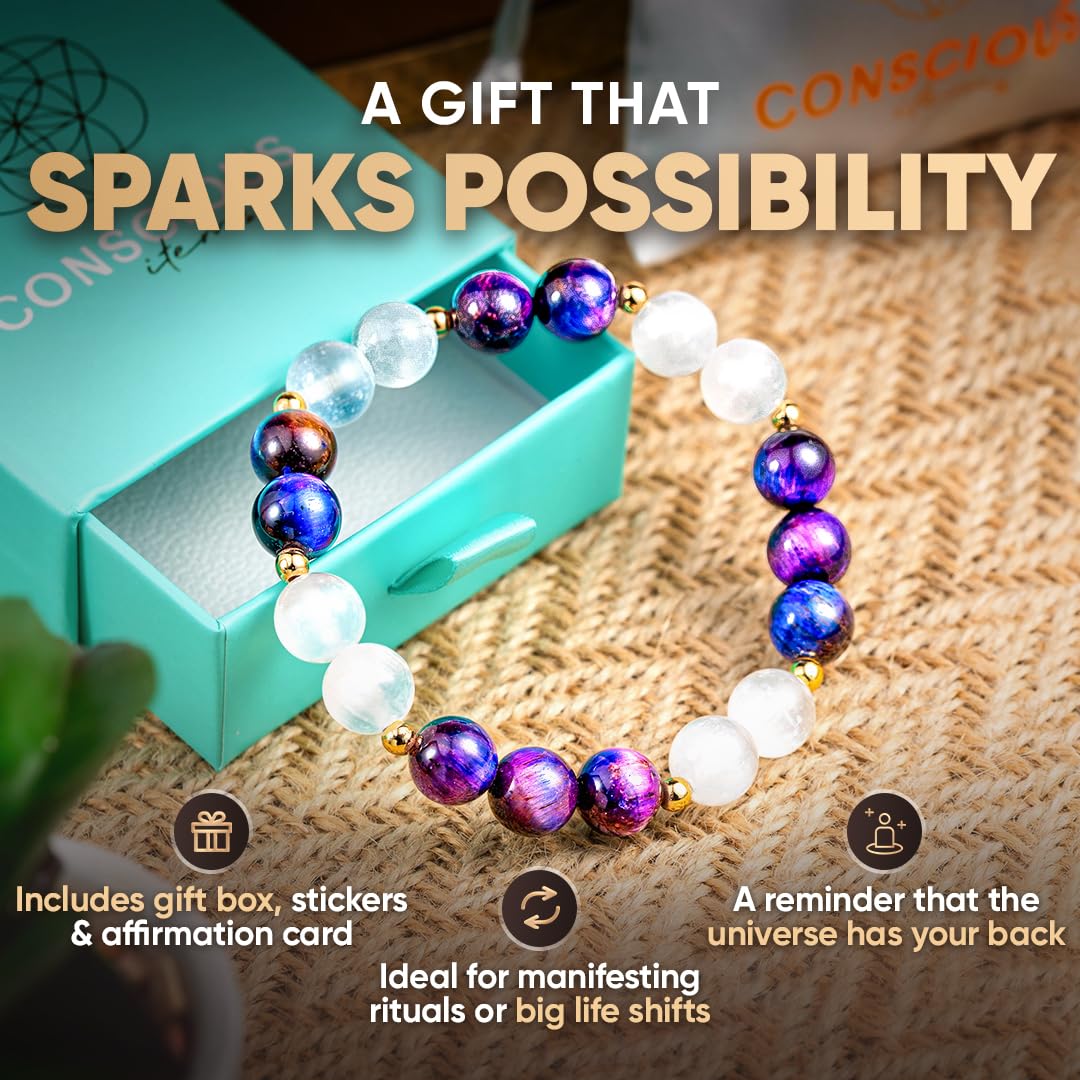 Conscious Items Cosmic Energy Amplifier, Galaxy Tiger Eye Beads Bracelet with Selenite Crystal for Manifestation, Clarity, & Confidence, Wealth Bracelet with 14K Gold-Plated Accents for Women & Men