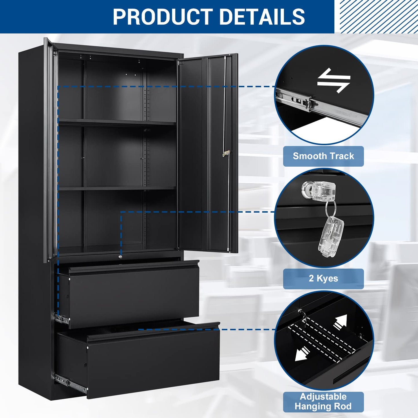 Fesbos Metal Cabinets with Lockable Drawers and Doors Lateral File Cabinets Steel Filing Lockers Book Case for Home Office Hanging Files Letter/Legal/F4/A4 Size