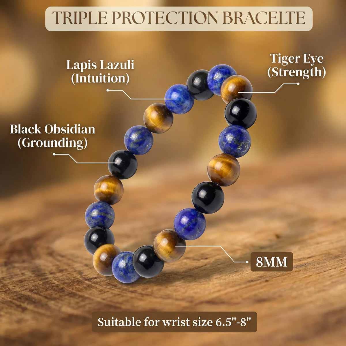 Atminafays 8MM Healing Crystal Bracelet - Black Obsidian, Tiger Eye & Lapis Lazuli | Triple Protection Stone Jewelry, Adjustable 6.5-8", Spiritual Gift