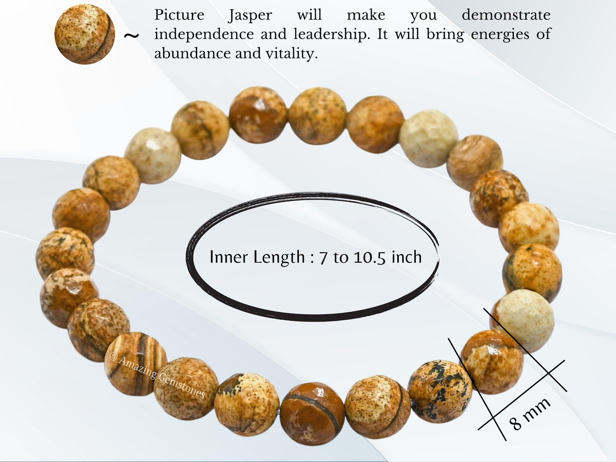 Amazing Gemstone Picture Jasper Bracelet for Women - Chakra Mens Bracelet Protection Crystals&Healing Stones - Blessing Bracelet Spiritual Meditation Gift (Faceted Beaded Bracelet)