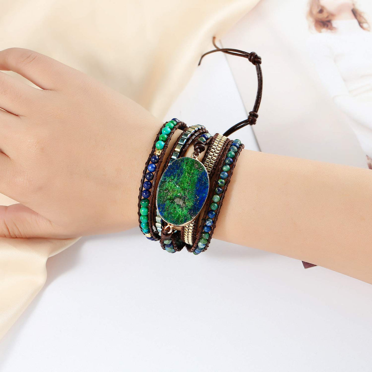 Plumiss Boho Leather 5 Wrap Natural Stone Chrysocolla Bracelet Handmade Gemstone Beaded Bracelet Jewelry Collection