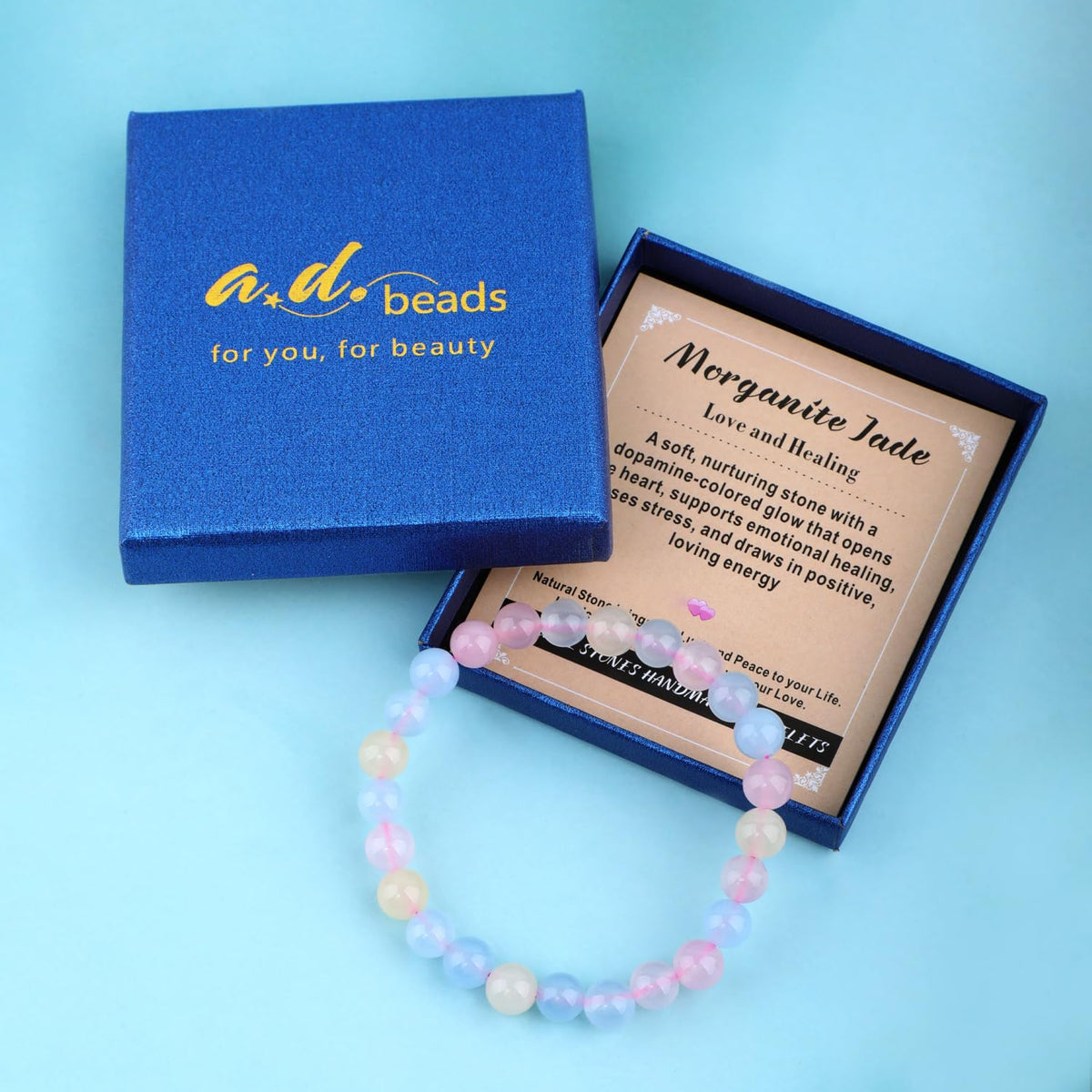 AD Beads 6mm Handmade Morganite Jade Elastic Bracelet – Natural Gemstone for Joy & Positivity – Meditation, Yoga, Healing and Energy Gift for Men Women