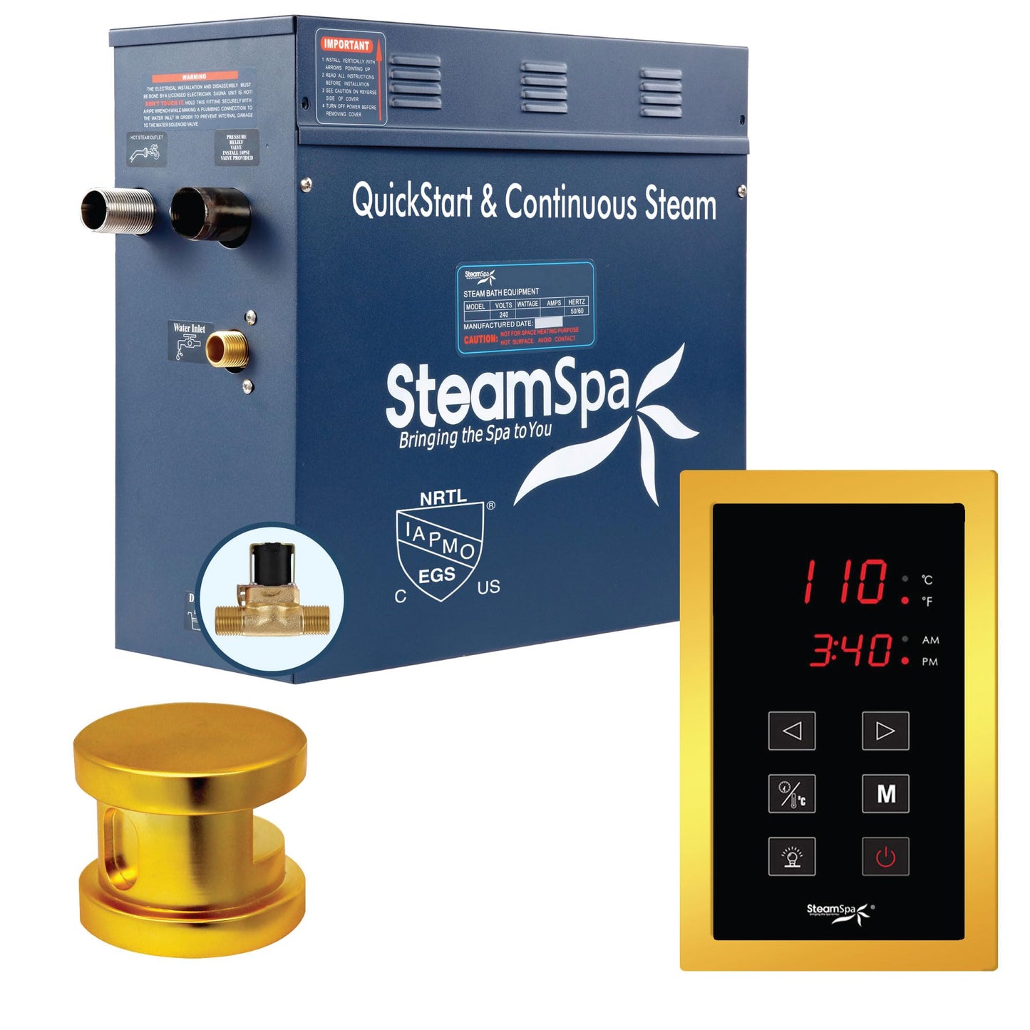 STEAMSPA 6kW Steam Sauna Generator Sentry Series 240V Steam Generator with Touch Screen, Steamhead, Built-in Steam Shower Auto Drain, ACU Quickstart Steam Bath Generator (Gold)