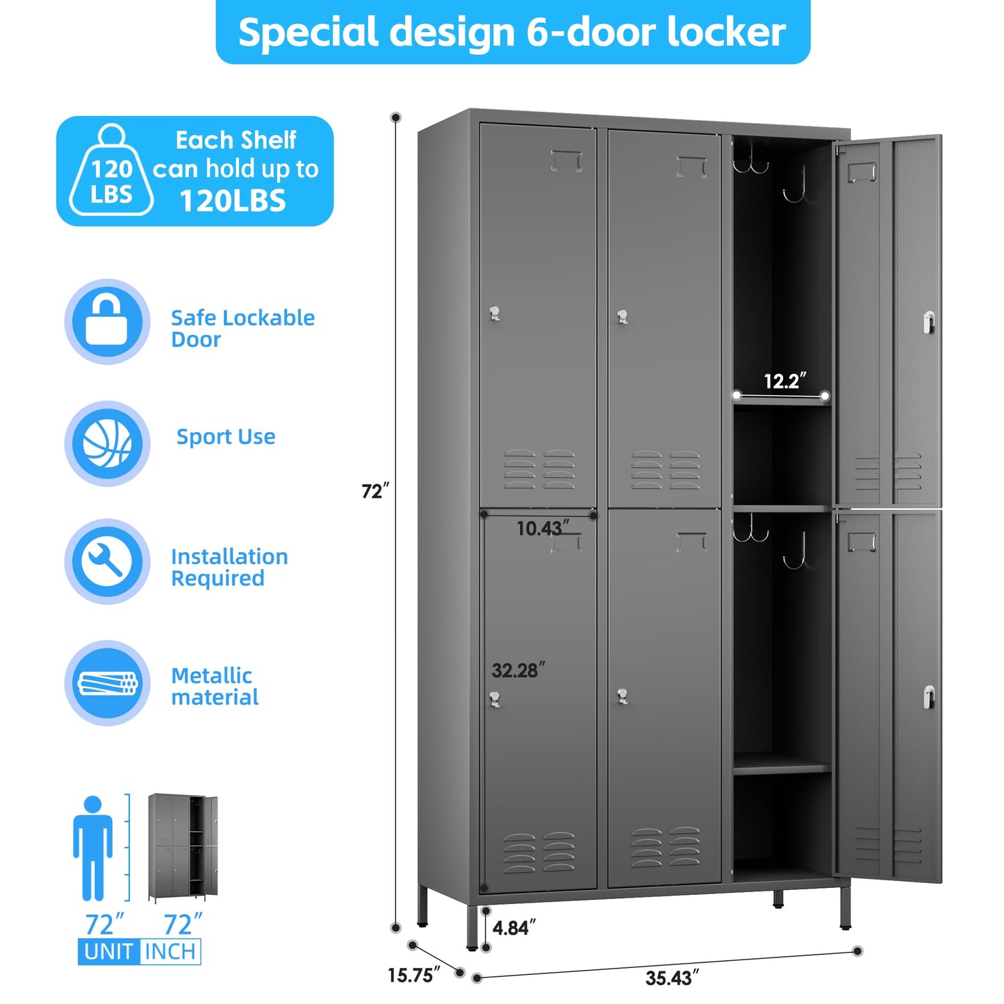 METALYEYE 6 Doors Metal Storage Lockers for Employees,Industrial Steel Storage Locker with 18 Hooks & Air Hole for Gym,School,Garage,Office,Assembly Required,Dark Gray,72''H*35.43''W*15.75''D