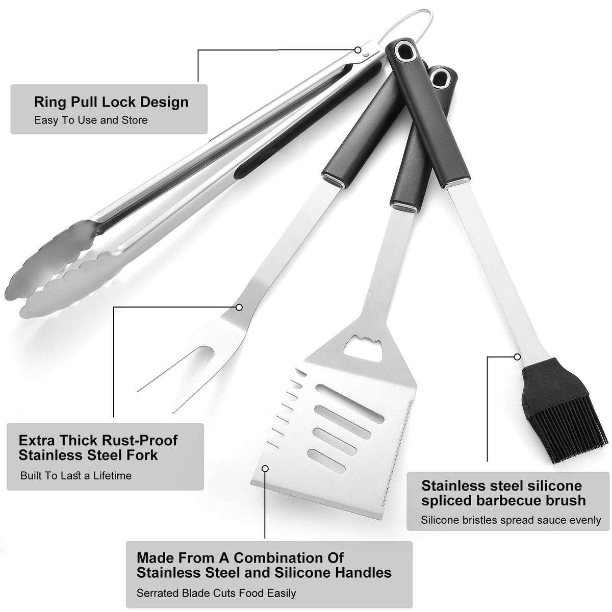 Griddle Accessories Kit - Grilling Accessories, Stainless Steel Heavy Duty Grill Tools Set with Spatula, Fork, Tongs, Brush and Gift-Box for Outdoor Barbecue, Home Grill (4PCS)