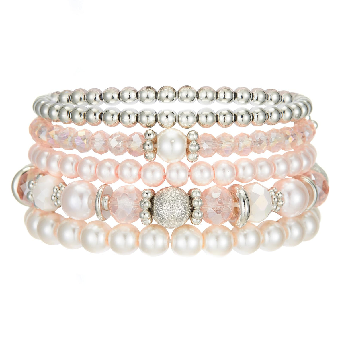 Noessla Beaded Pearl Stretch Bracelet Silver Stackable Crystal Beads Bracelets Trendy Costume Jewelry Mothers Day Gifts for Women(Pink)