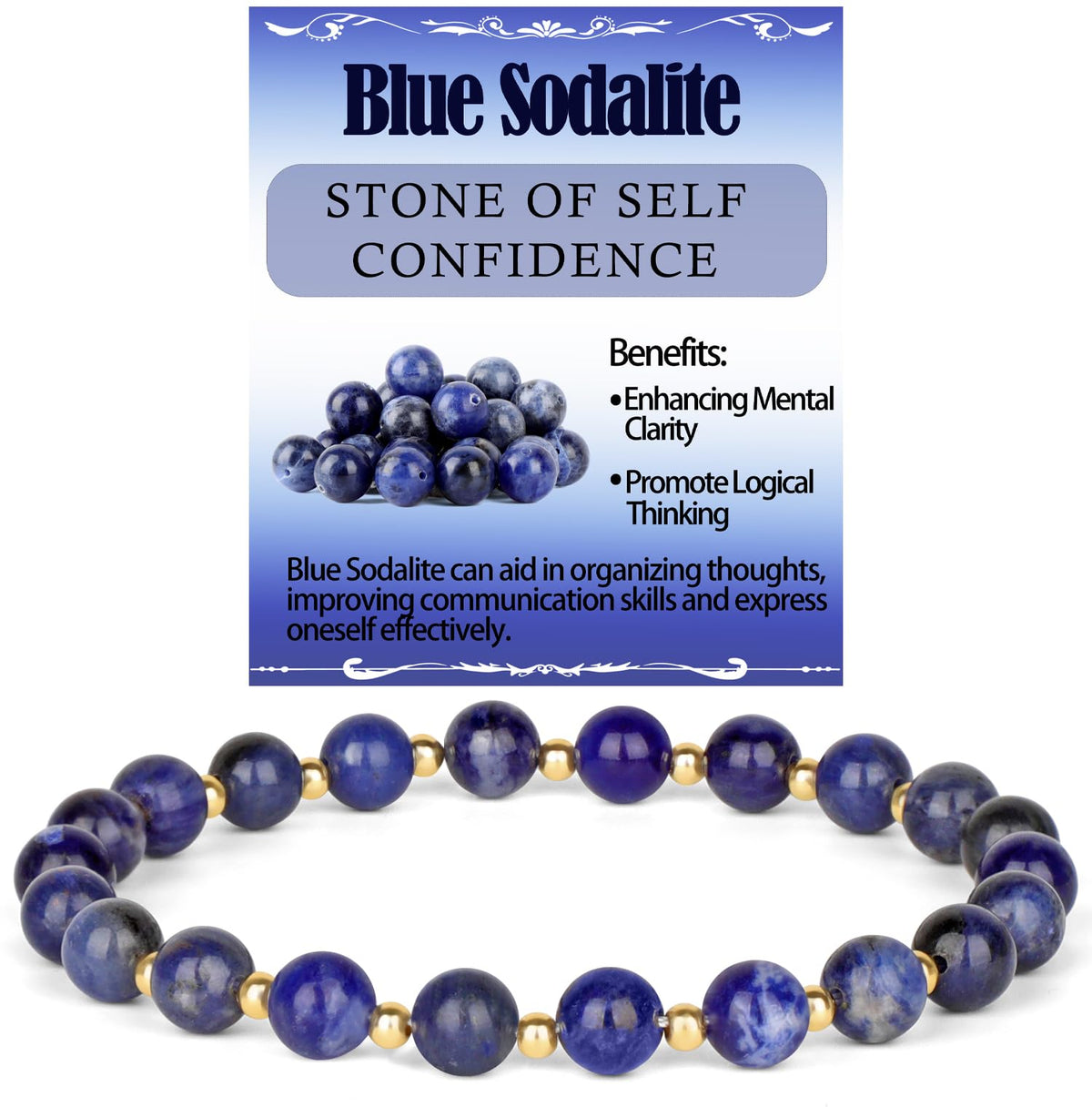 QOGIR Blue Sodalite - Self Confidence - 14K Gold Plated Beads Natural Gemstone Stretch Elastic Dainty Healing Beaded Bracelets Gifts 6mm