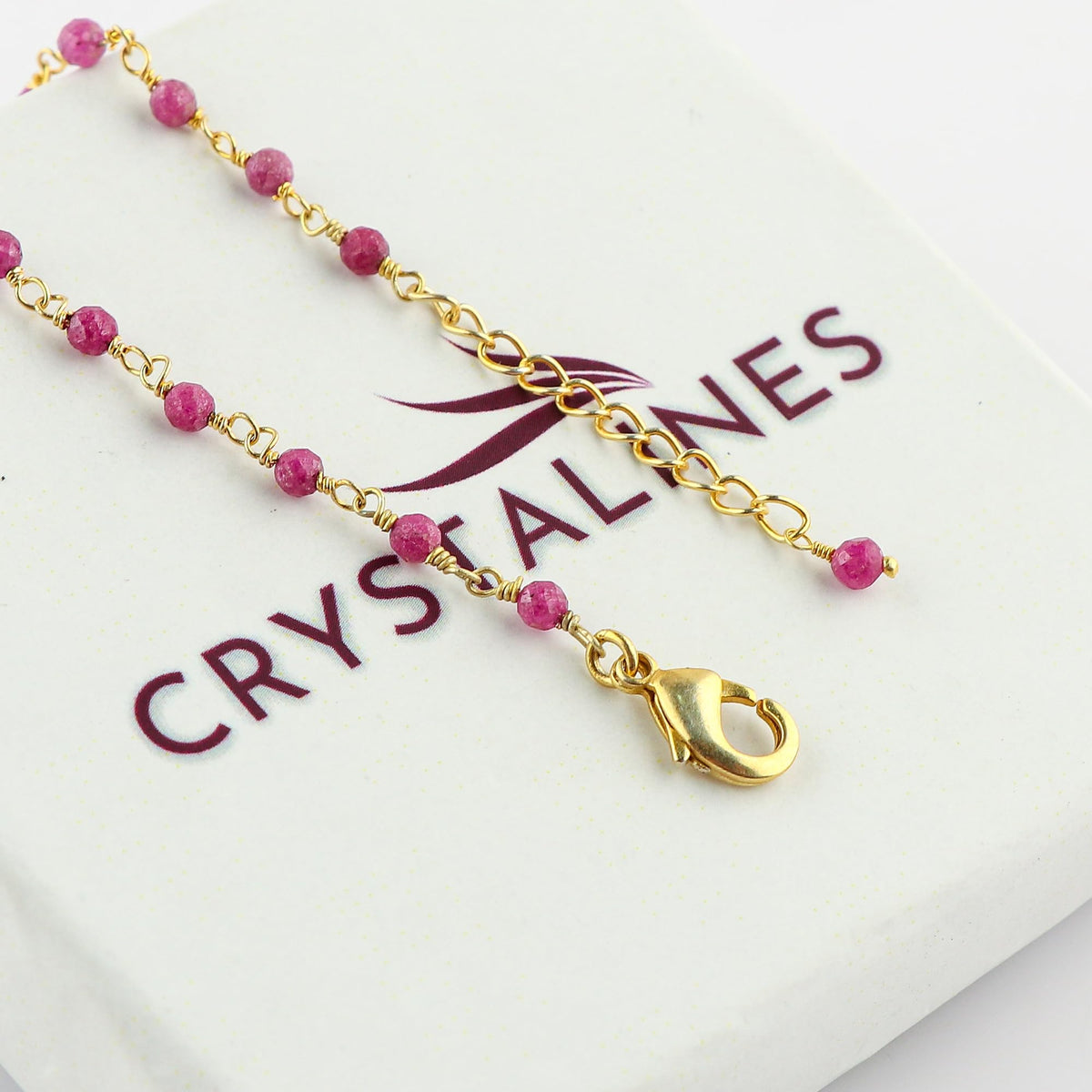 CRYSTALINES Natural Ruby Gemstone Beads Bracelet Handmade Hypoallergenic Gold Plated Jewelry for Women Microfaceted Crystals Beaded Rosary Chain July Birthstone Cluster Bracelet, 7+1inch