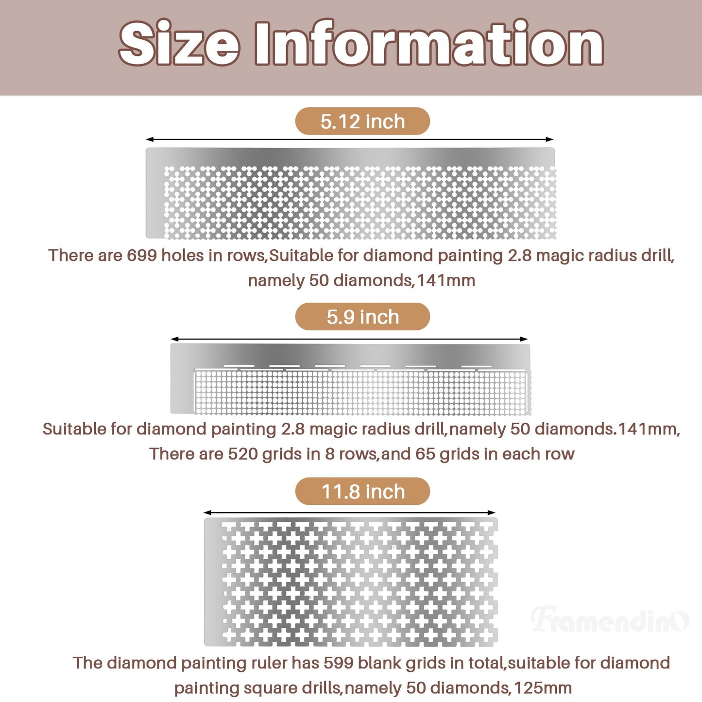 Framendino, 6 Pack Ruler Stainless Steel Diamond Mesh 216 400 599 520 699 800 Blank Grids DIY Drawing with 2 Pieces Fix Tool for Art Crafts