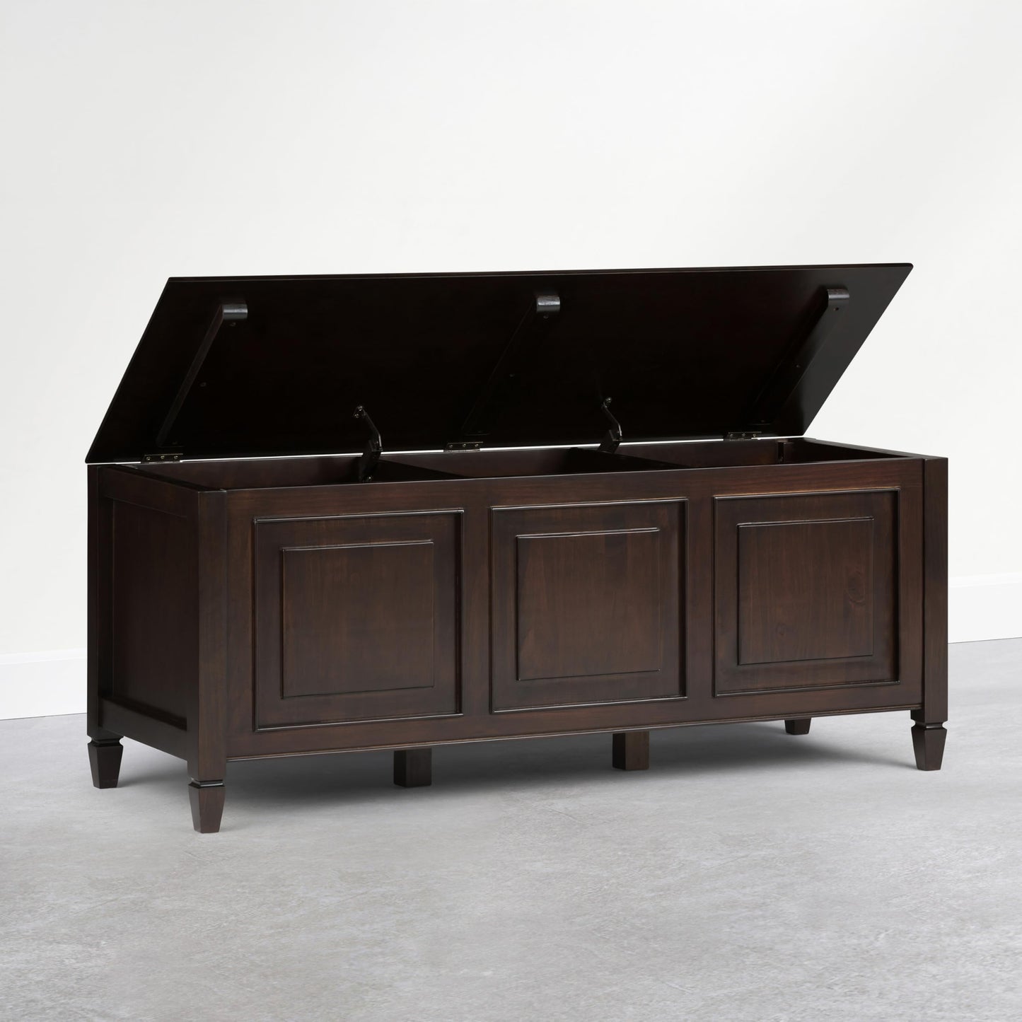 SIMPLIHOME Connaught Entryway Storage Bench - 51 inch Wide Solid Wood Storage Trunk Seat in Dark Kona Brown, Traditional Bench for Entryway or Living Room with Lift-Up Lid and Decorative Moulding