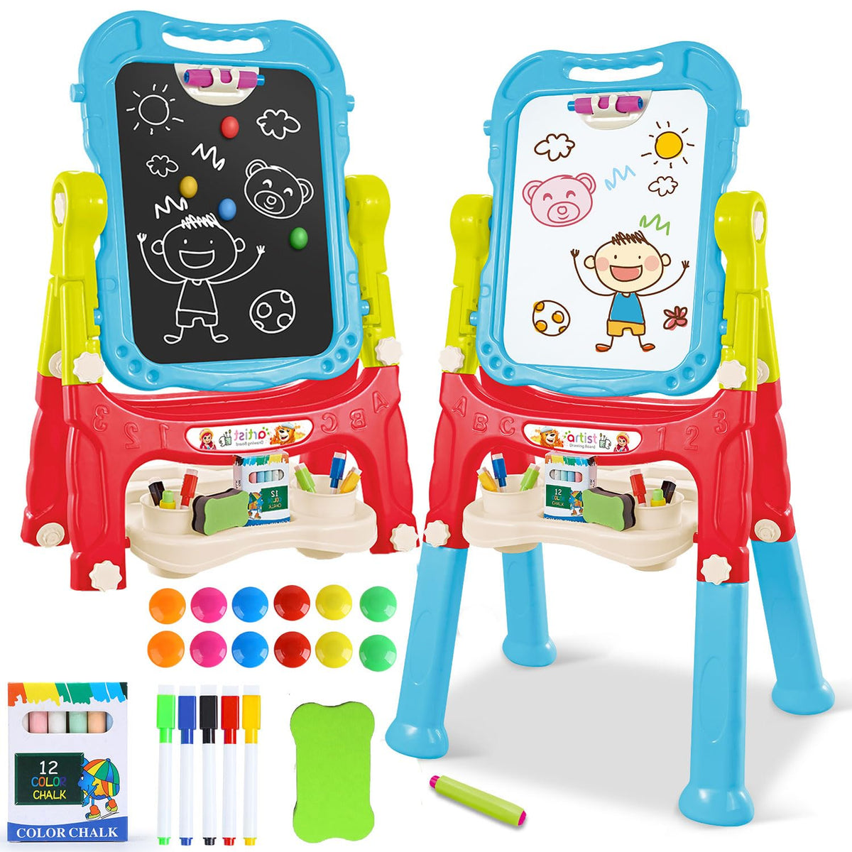 Toddler Art Easel for Kids, Double-Sided Magnetic Whiteboard & Chalkboard with Painting Accessories, Rotatable Easel Toy Gift for Boys and Girls