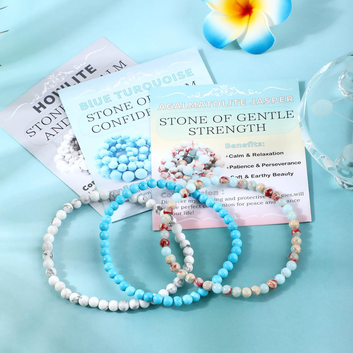 NCB 3-Piece 4mm Natural Crystal Gemstone Stretch Bracelets – ﻿Agalmatolite Jasper, Blue Turquoise, Howlite Handmade Reiki Energy Healing Jewelry for Meditation,Yoga, Unisex