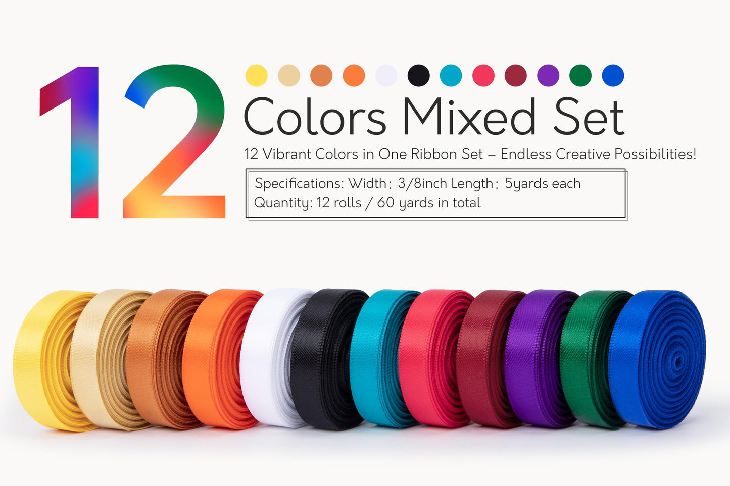 Keypan Rainbow Satin Ribbon 3/8 Inch x 12 Rolls Total 60 Yards Double-Faced Colorful Ribbons for Crafts Flower Bouquet Gift Wrapping Paper Bows Wedding Invitations