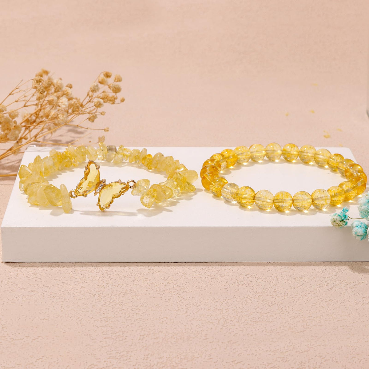 GolbalJew Citrine Bracelet for Women Healing Crystal Stone Bracelets Yellow Gemstone Beads Stretch Bracelet Butterfly Charms Women Jewelry Gift