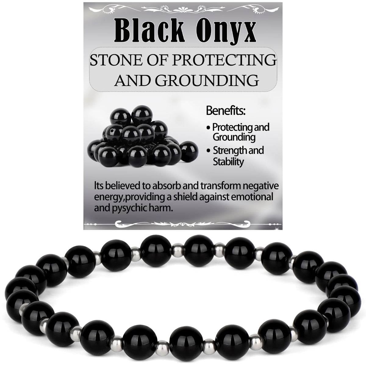QOGIR Black Onyx - Protecting and Grounding - Stainless Silver Beads Natural Gemstone Stretch Elastic Dainty Healing Beaded Bracelets Gifts 6mm