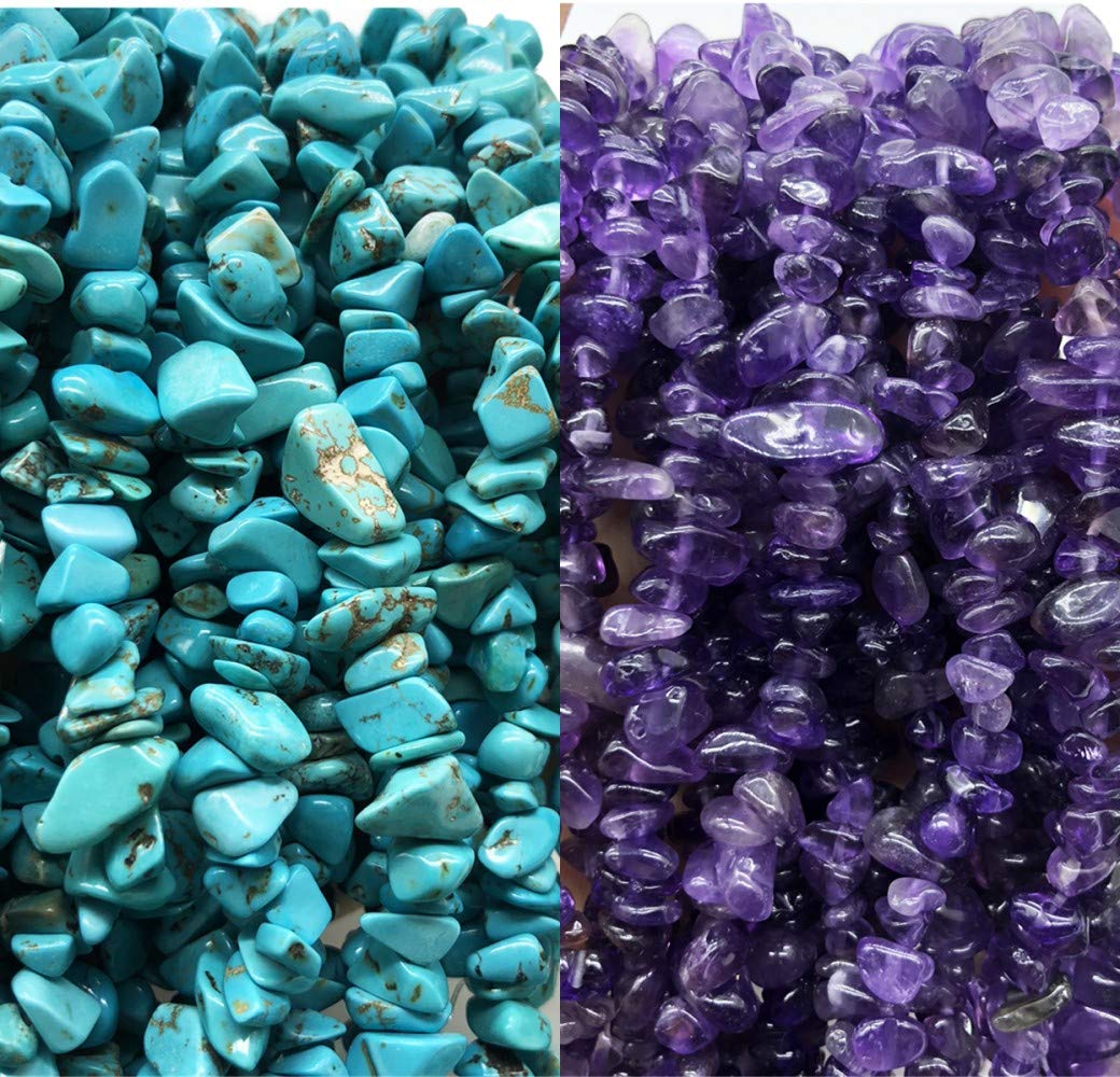favoramulet 5-8mm Green Howlite Turquoise & Amethyst Tumbled Stone Chip Beads for Jewelry Making, Irregular Shaped Healing Crystal Loose Bead Supply, Pack of 2 Strands(64 inches)