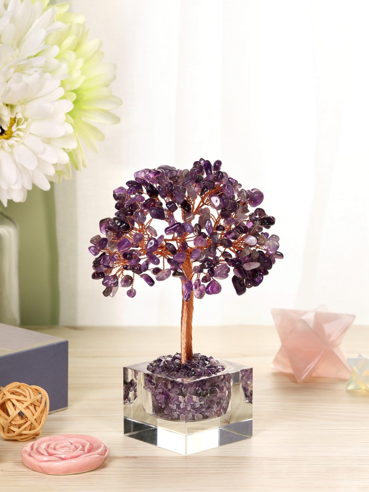 Jovivi Large Crystal Tree with Square Glass Base, Amethyst Healing Crystals Tree Life Natural Chipped Gemstone Money Trees Feng Shui Good Luck Positive Energy Purple Home Desk Decor