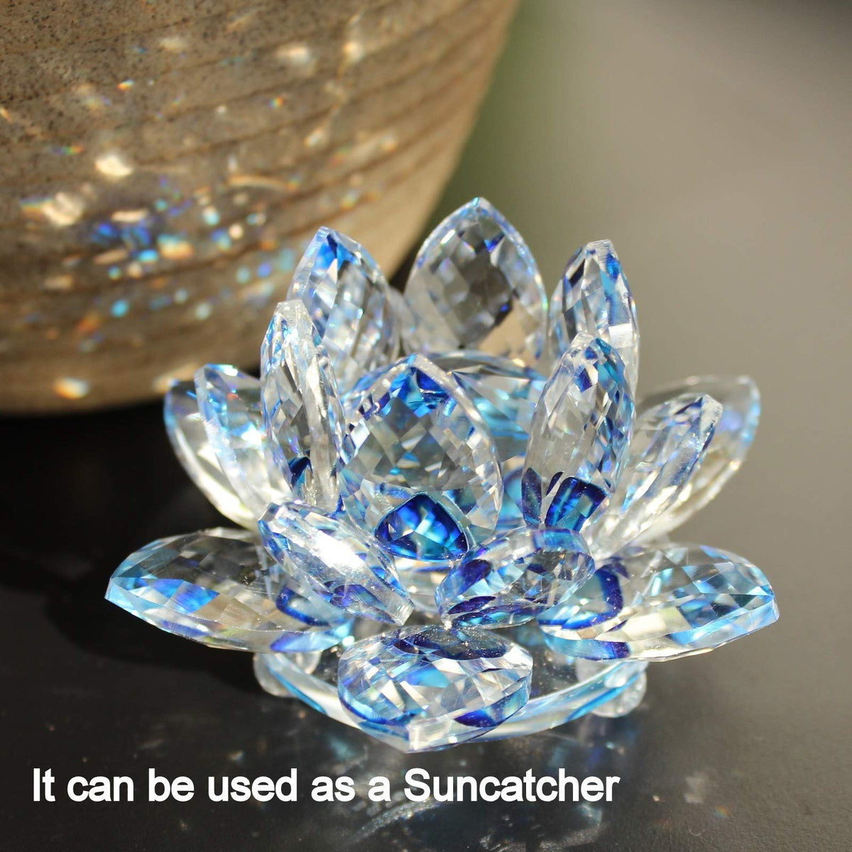 TENGFENG Sparkle Crystal Lotus Flower - 4'' Hue Reflection Clear Crystal Blue Lotus for Feng Shui Home Decor Sun Catcher Ornaments or Paper Weight with Gift Box (100MM) Blue