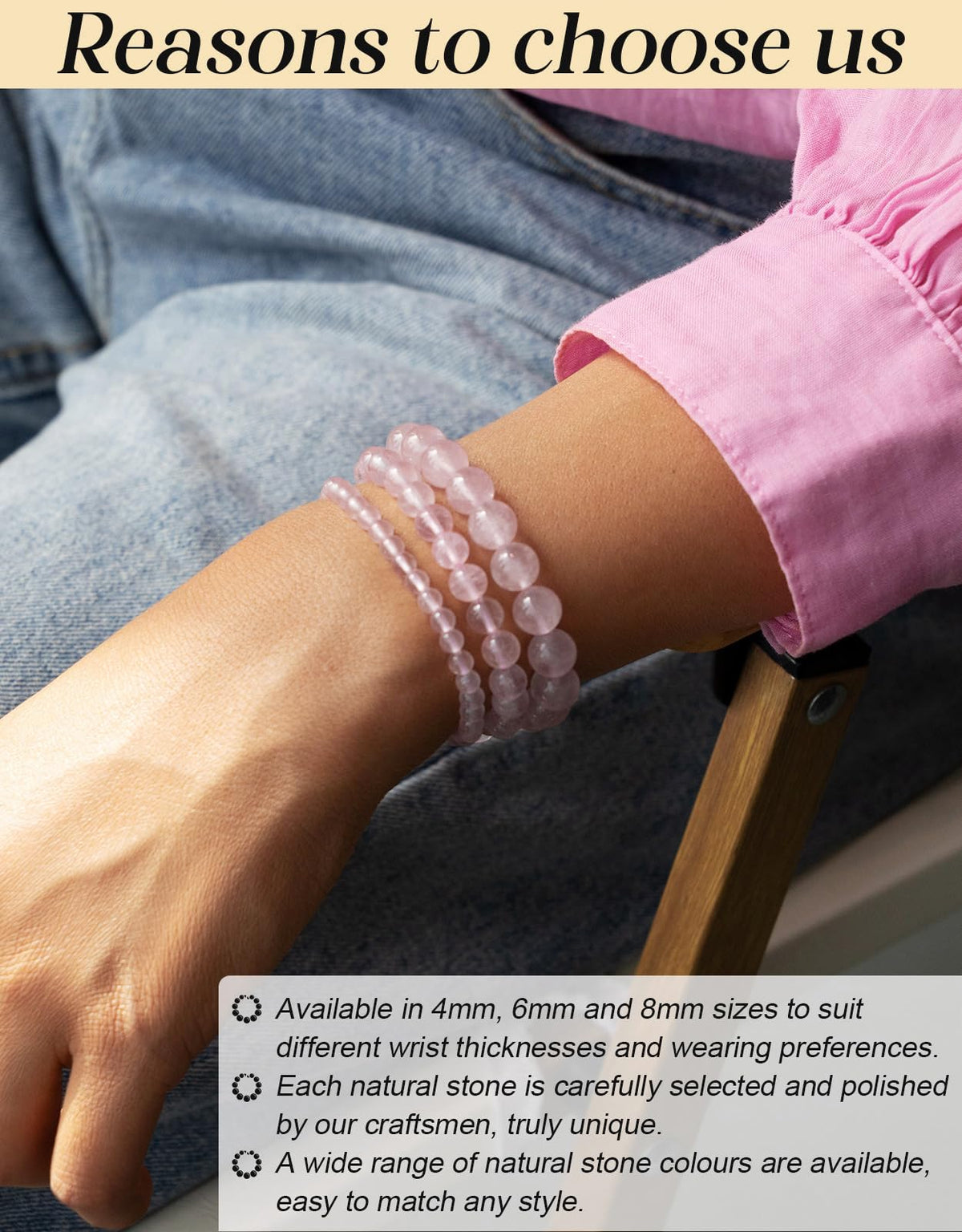 Landorilo Beaded Bracelet for Men Women, 8mm Natural Stone Rose Quartz Healing Crystal Stretch Bracelets, Ideal Christmas Birthday Jewelry Gifts with Energy Card，Replacement Beads Included
