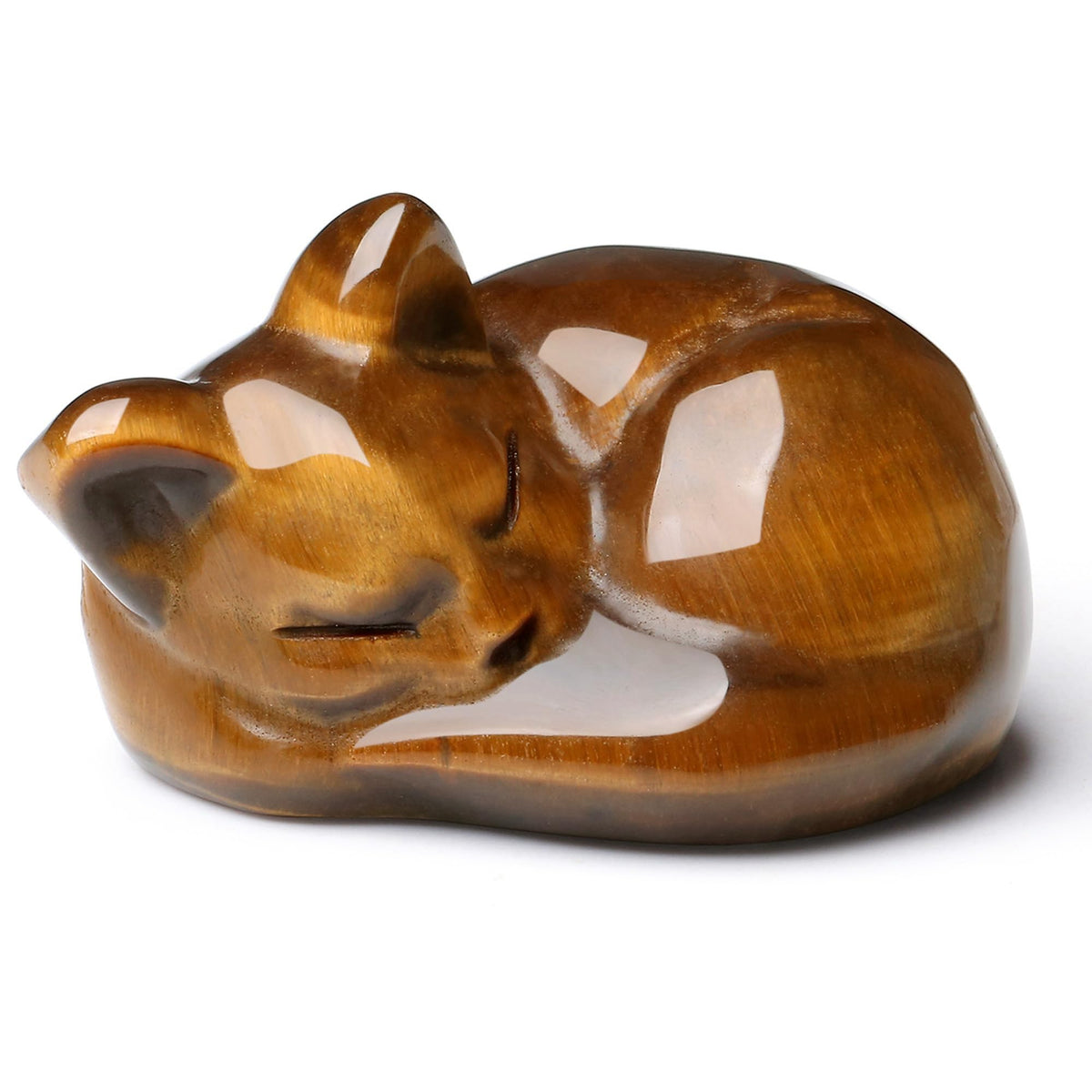 QINJIEJIE Tiger Eye Cat Decor Crystal Figurine Sleeping Healing Crystal 1.6" Hand Polished Gemstones Decor Cute Kitten Sculpture Reiki Room Desk Decoration Cat Gifts for Women Men Stocking Stuffers