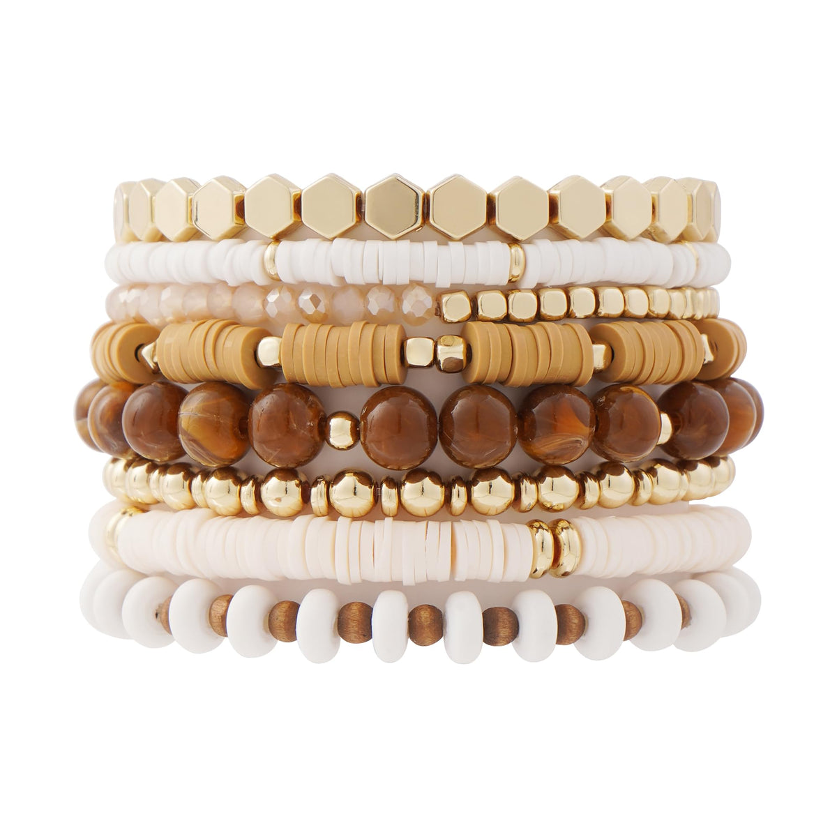 GOOJIDS Surfer Heishi Clay Bead Bracelets for Women Bohemian Stackable Gold Plated Beaded Stretch Bracelets Elastic Layering Friendship Brown Bracelets Set Boho Jewelry