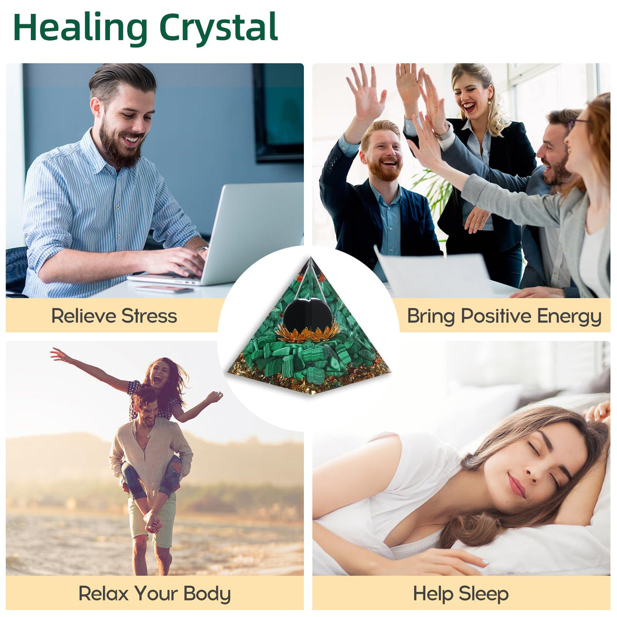 Hopeseed Orgone Pyramid for Positive Energy, Orgonite Natural Malachite&Obsidian Healing Crystals Pyramid for Reduce Stress Chakra Reiki Healing Meditation Cleanses the Mind and Boosts Confidence