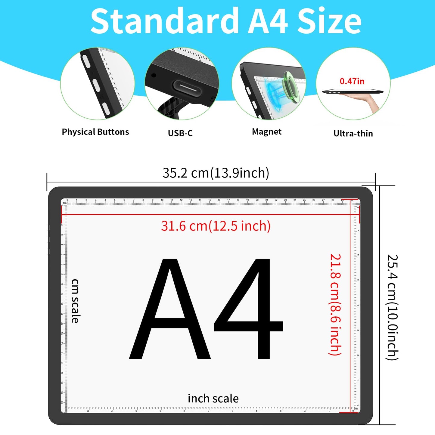 Phylosal Rechargeable A4 Light Pad with Built-in Stand & Bag, Magnetic Tracing Light Box for Drawing, Diamond Art Light Board with Side Button, Super Bright Light Table for Diamond Painting, Sketching