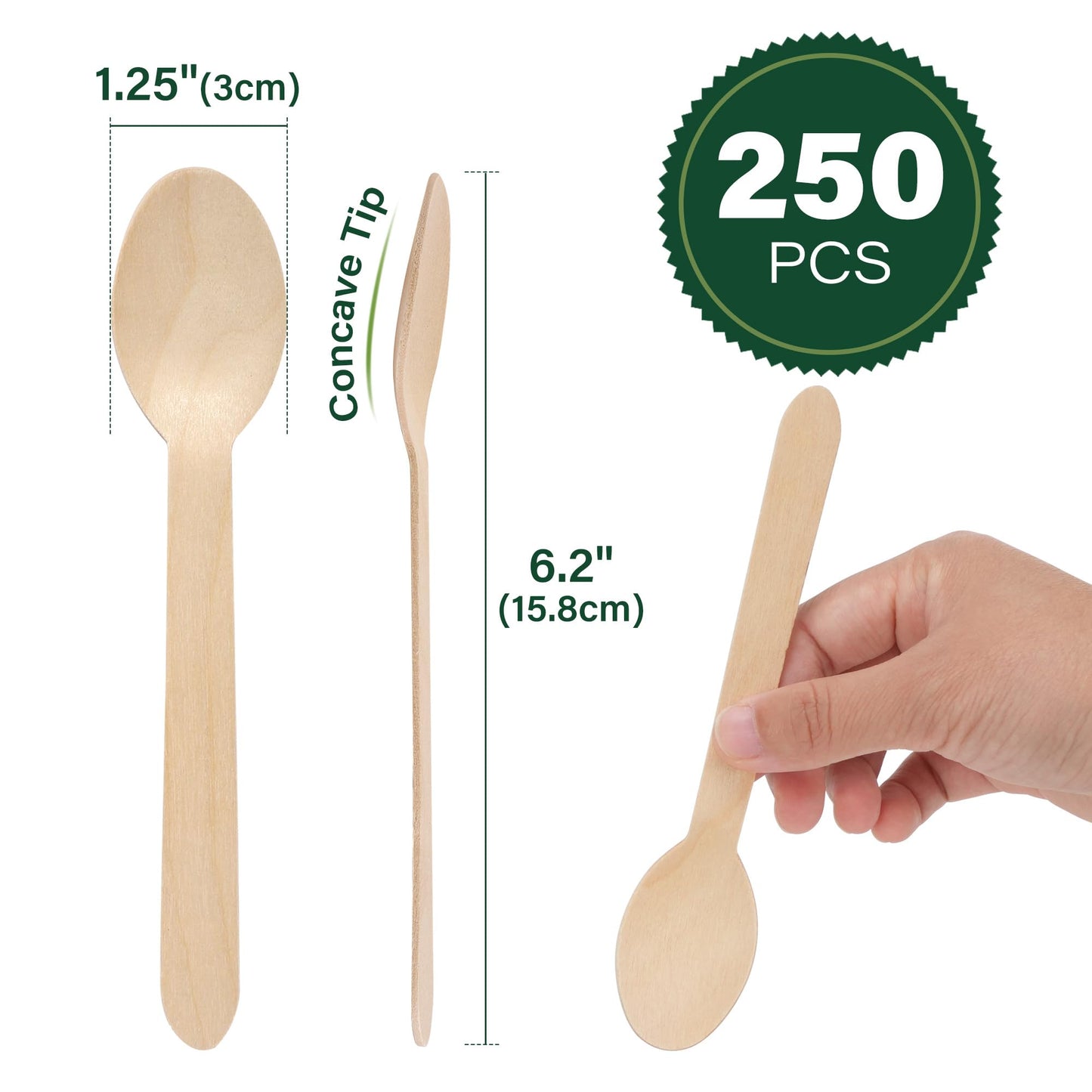 LotFancy Disposable Wooden Spoons, 250Pcs 6.25 inch Wood Cutlery Spoons, Biodegradable Compostable Eco-friendly Birchwood Sampling Tasting Spoons