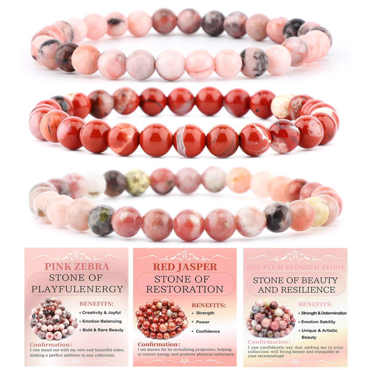 NCB 3-Piece 6mm Natural Crystal Gemstone Stretch Bracelets – ﻿Pink Zebra, Red Jasper, Red Plum Blossom Stone Handmade Reiki Energy Healing Jewelry for Meditation,Yoga, Unisex
