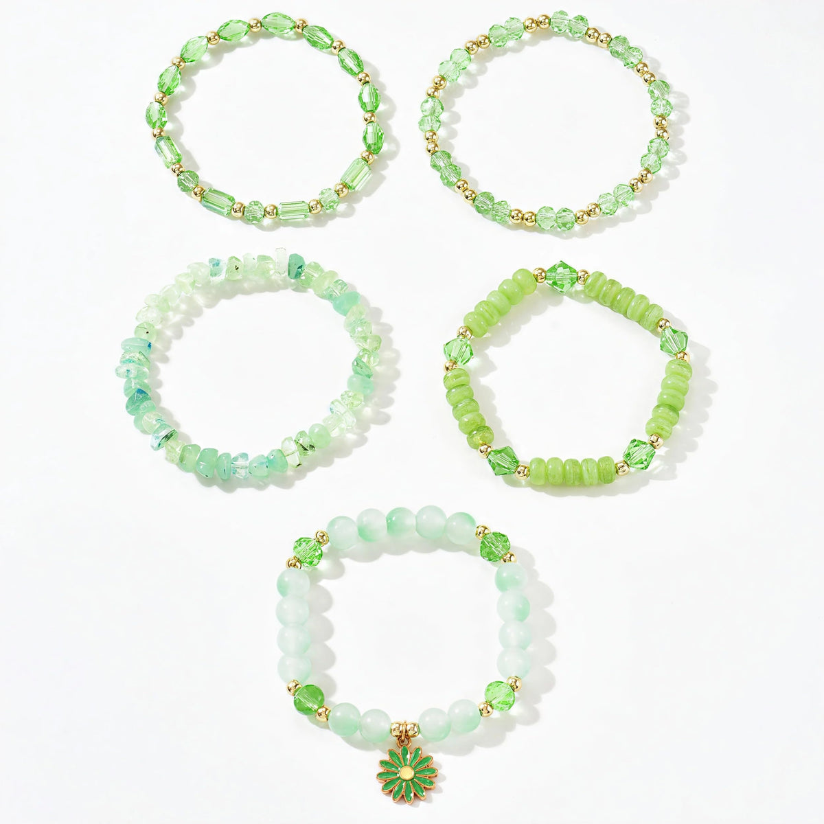 LOTSOF Boho Flower Beaded Bracelet Set for Women - Multilayer Crystal & Flower Charm Stackable Bracelets, Fashion Jewelry Gift for Her (Green)